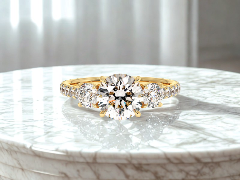 Diamond trilogy or three stone engagement rings in yellow gold